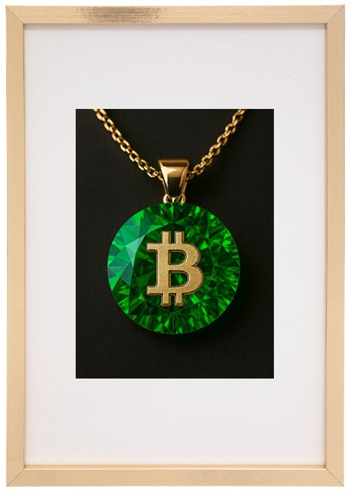 Moldura bege esmeralda alusiva à criptomoeda bitcoin