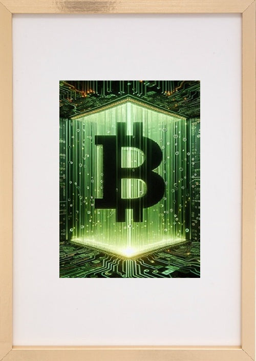 Moldura bege alusiva ao universo das criptomoedas que representa o código descentralizado da blockchain