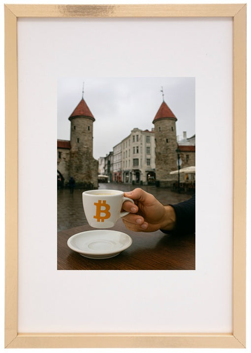 Quadro bege Estônia alusivo à criptomoeda bitcoin