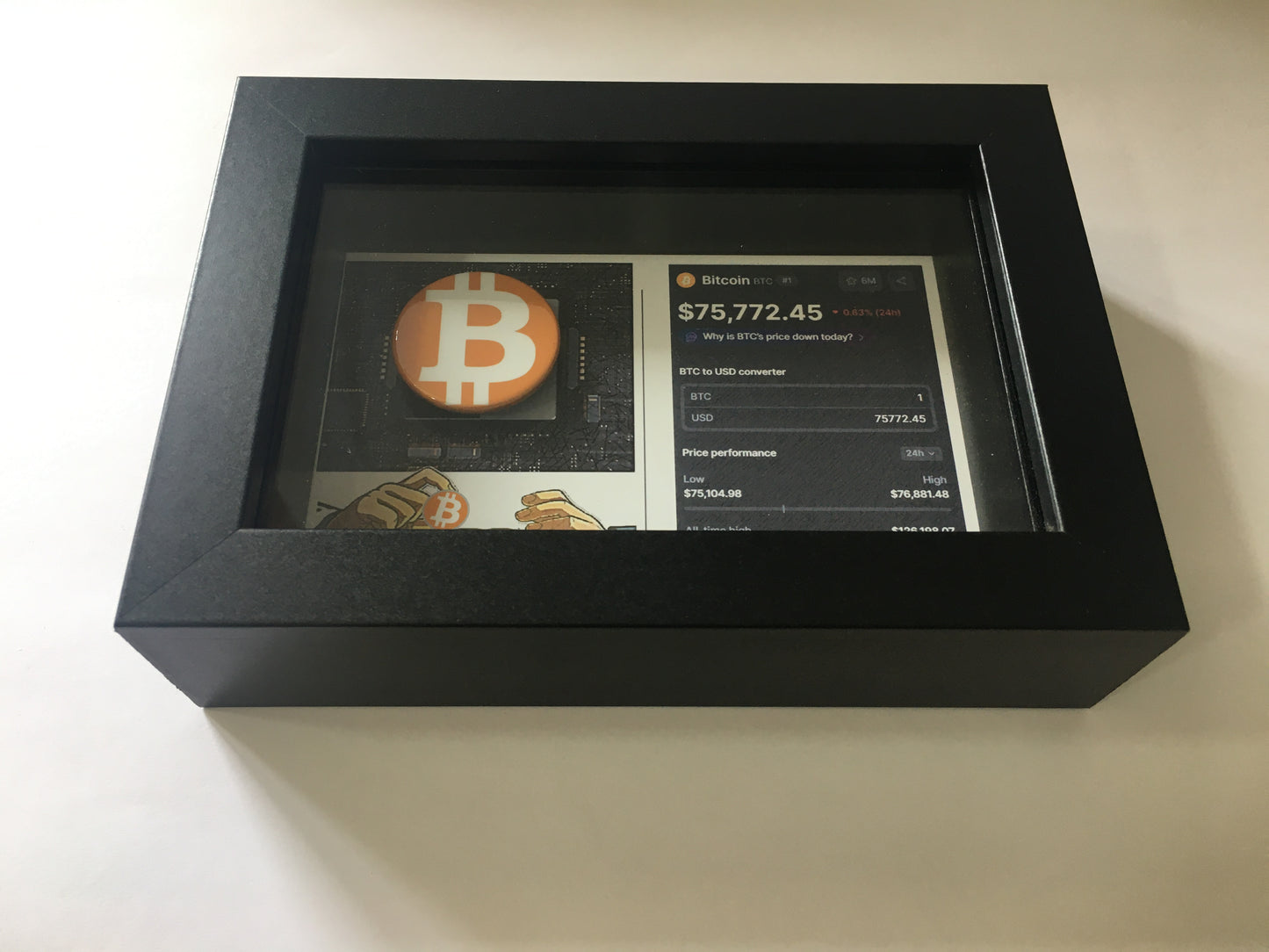 Quadro Bitcoin 3D com Moeda Física – Peça de Coleção Cripto