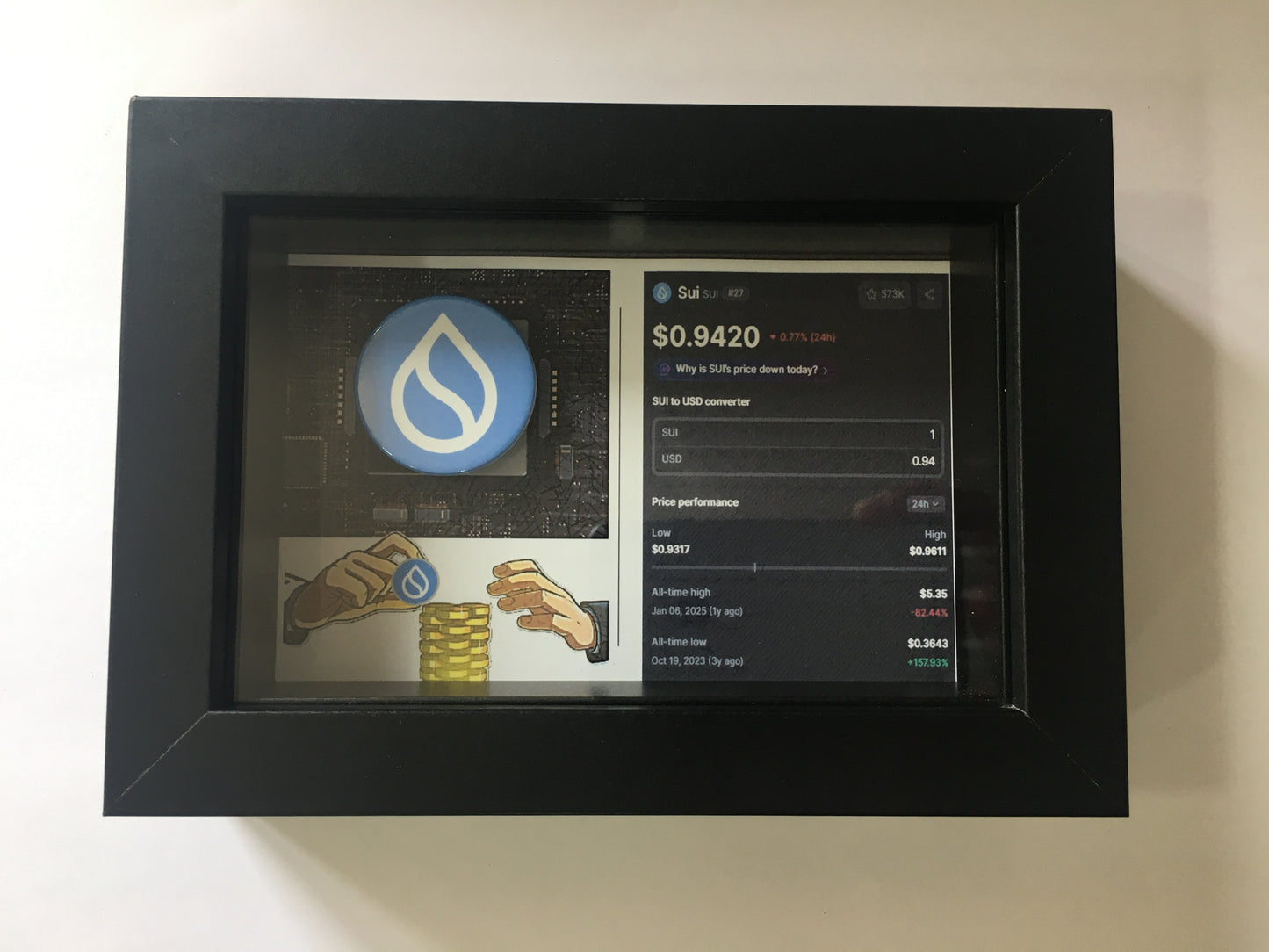 Quadro Sui 3D com Moeda Física – Peça de Coleção Cripto