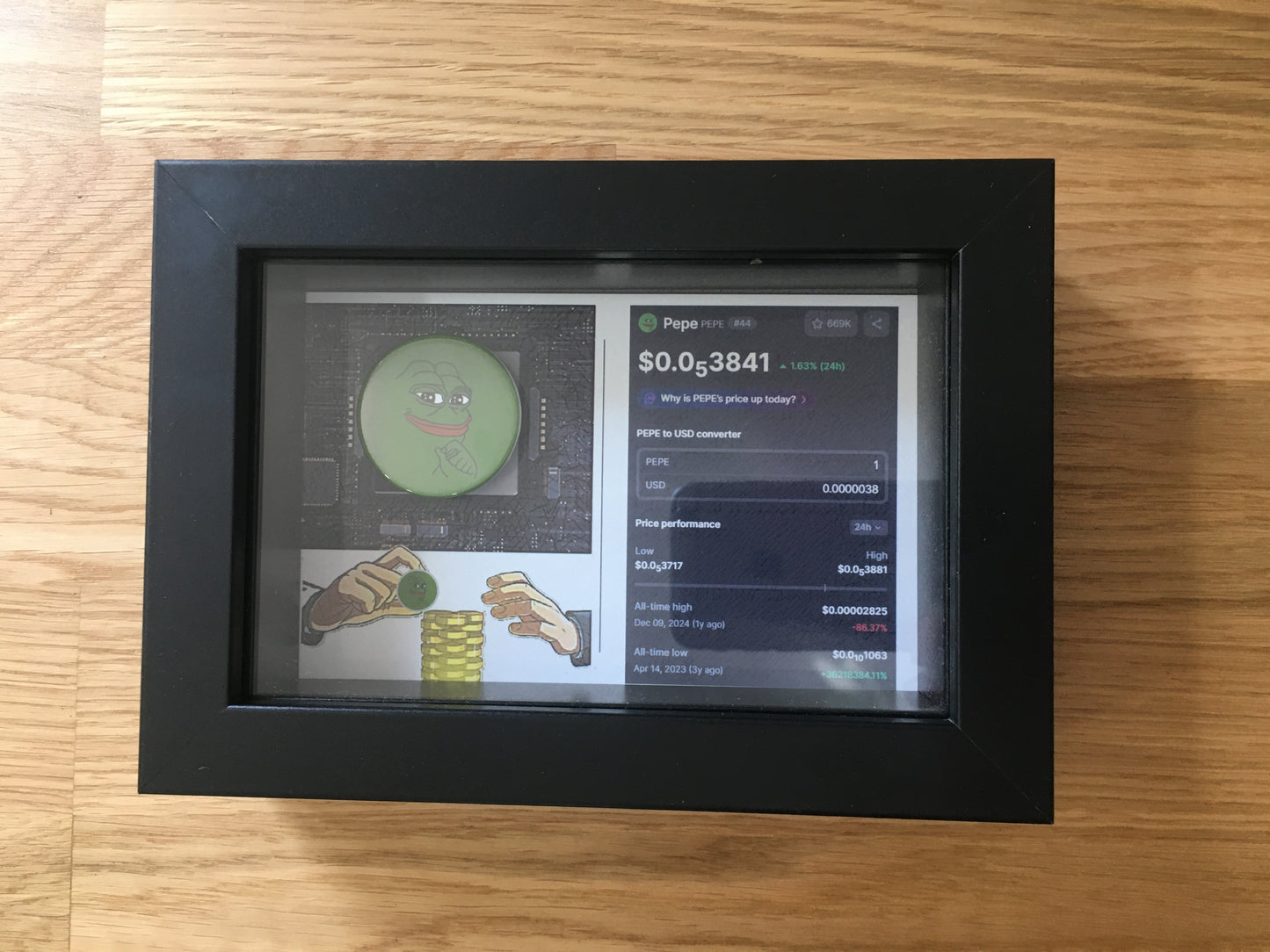 Quadro Pepe 3D com Moeda Física – Peça de Coleção Cripto