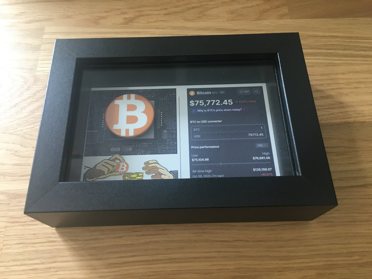 Quadro Bitcoin 3D com Moeda Física – Peça de Coleção Cripto