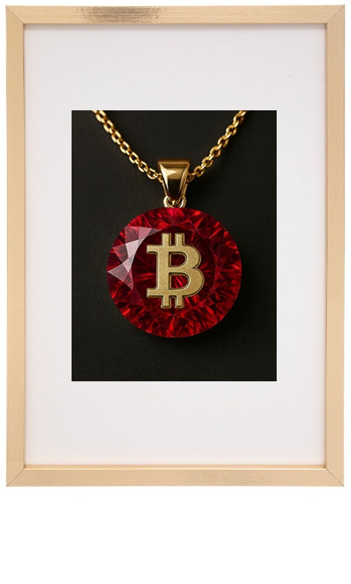 Moldura bege Ruby alusiva à criptomoeda bitcoin