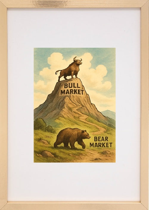 moldura bege bullmarket e bearmarket alusivo ao universo das criptomoedas