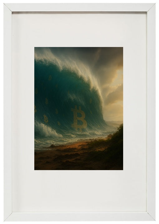 Moldura branca alerta tsunami alusiva à criptomoeda bitcoin