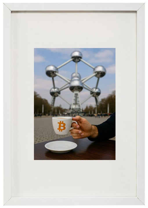 Moldura branca Bruxelas alusiva à criptomoeda bitcoin