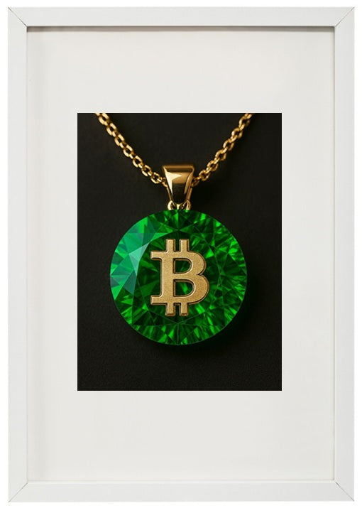 Moldura branca esmeralda alusiva à criptomoeda bitcoin.