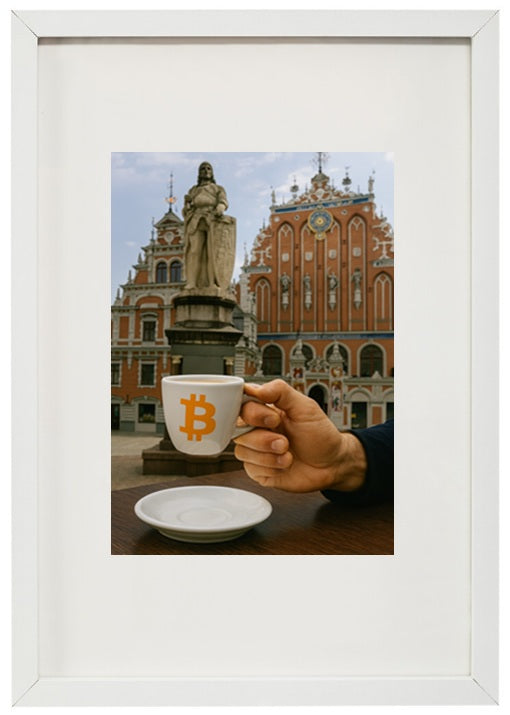 Moldura branca Letônia alusiva à criptomoeda bitcoin