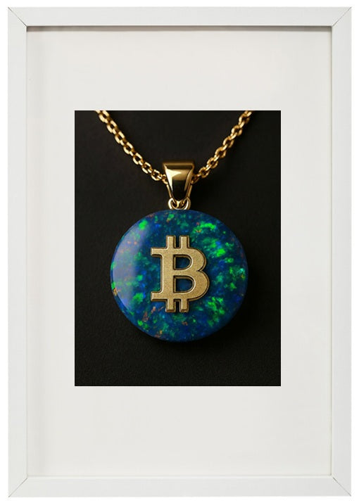 Moldura branca opala alusiva à criptomoeda bitcoin