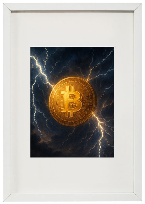 Moldura branca tempestade perfeita alusiva à criptomoeda bitcoin