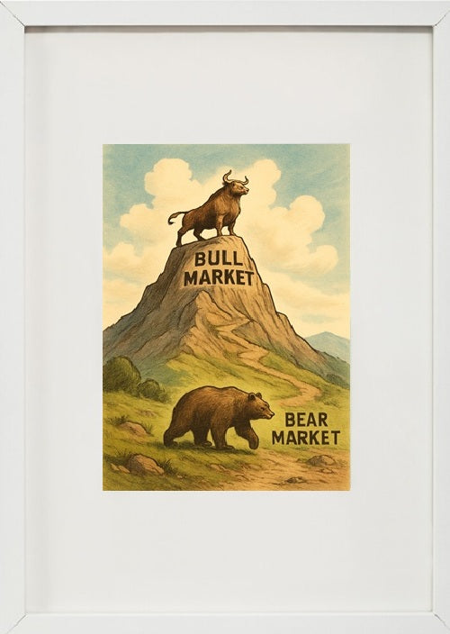 Moldura branca bullmarket e bearmarket alusivo ao universo das criptomoedas