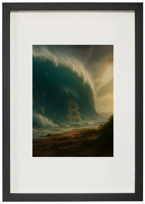 Moldura preta alerta tsunami alusiva à criptomoeda bitcoin