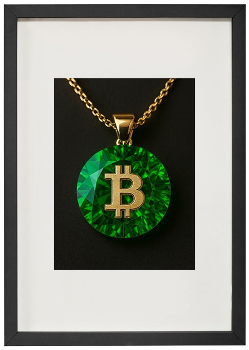 Moldura preta esmeralda alusiva à criptomoeda bitcoin
