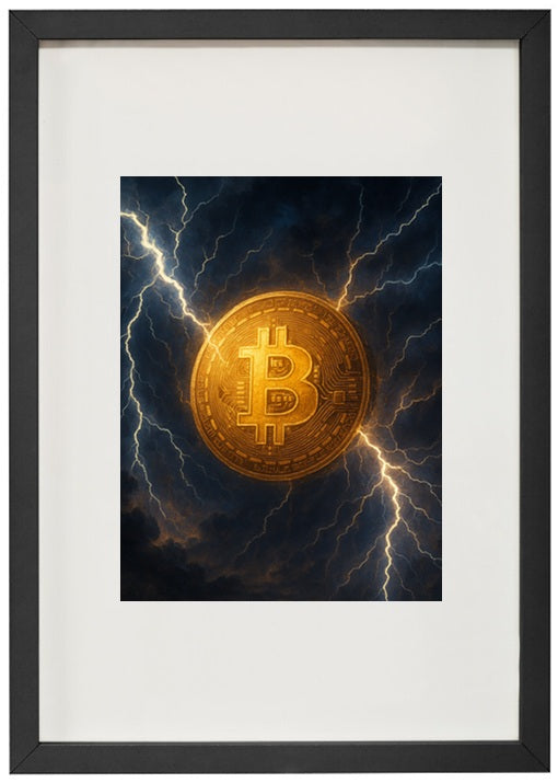 Moldura preta tempestade perfeita alusiva à criptomoeda bitcoin