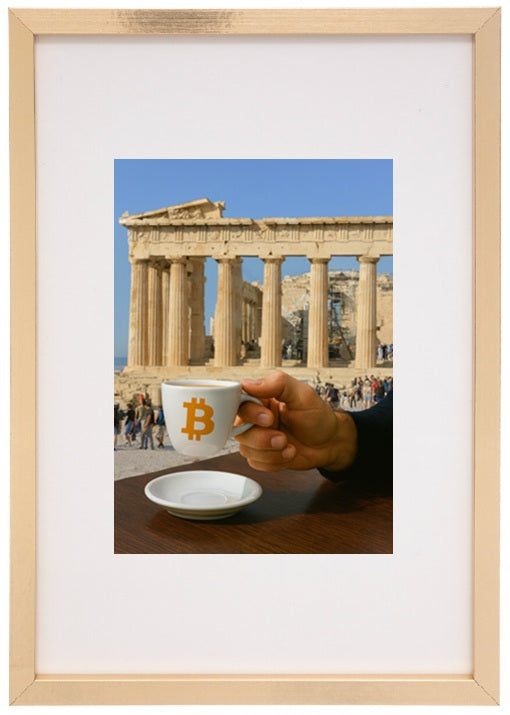 Quadro bege Atenas alusivo à criptomoeda bitcoin
