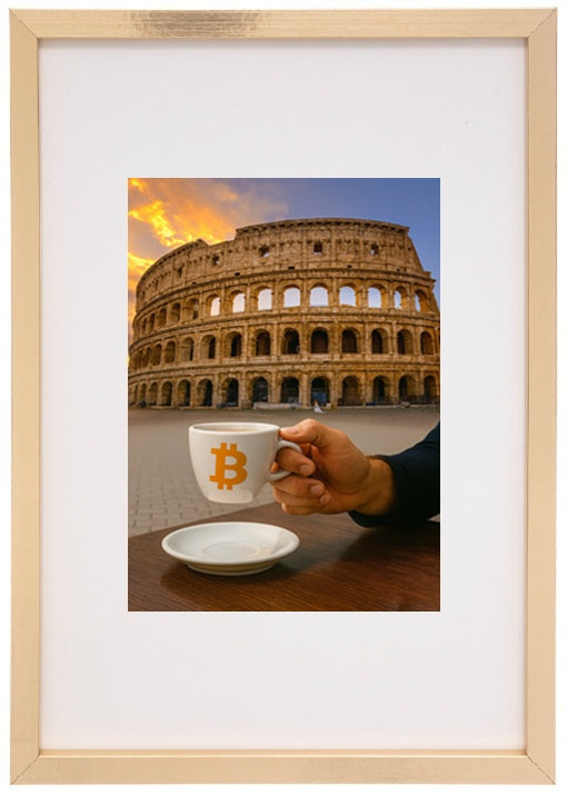 Moldura bege Roma alusiva à criptomoeda bitcoin
