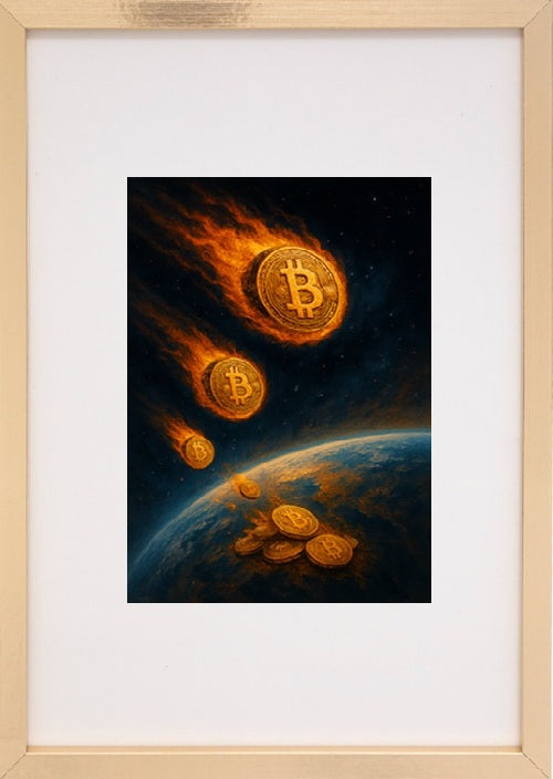 Quadro bege alusivo ao universo das criptomoedas. Bitcoin BTC