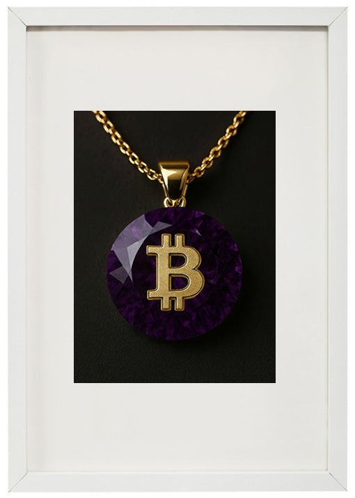 Quadro branco ametista alusivo à criptomoeda bitcoin.