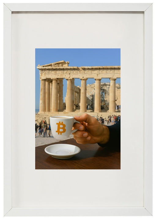 Quadro branco Atenas alusivo à criptomoeda bitcoin