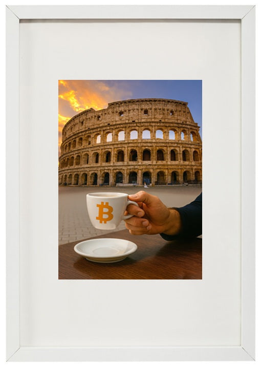 Quadro branco Roma alusivo à criptomoeda bitcoin
