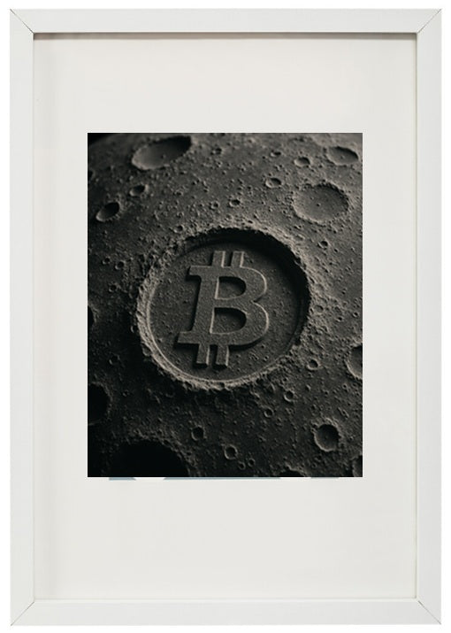 Quadro branco vestígios na lua alusivo à criptomoeda bitcoin