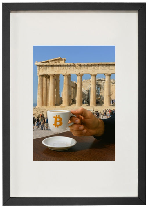 Quadro preto Atenas alusivo à criptomoeda bitcoin