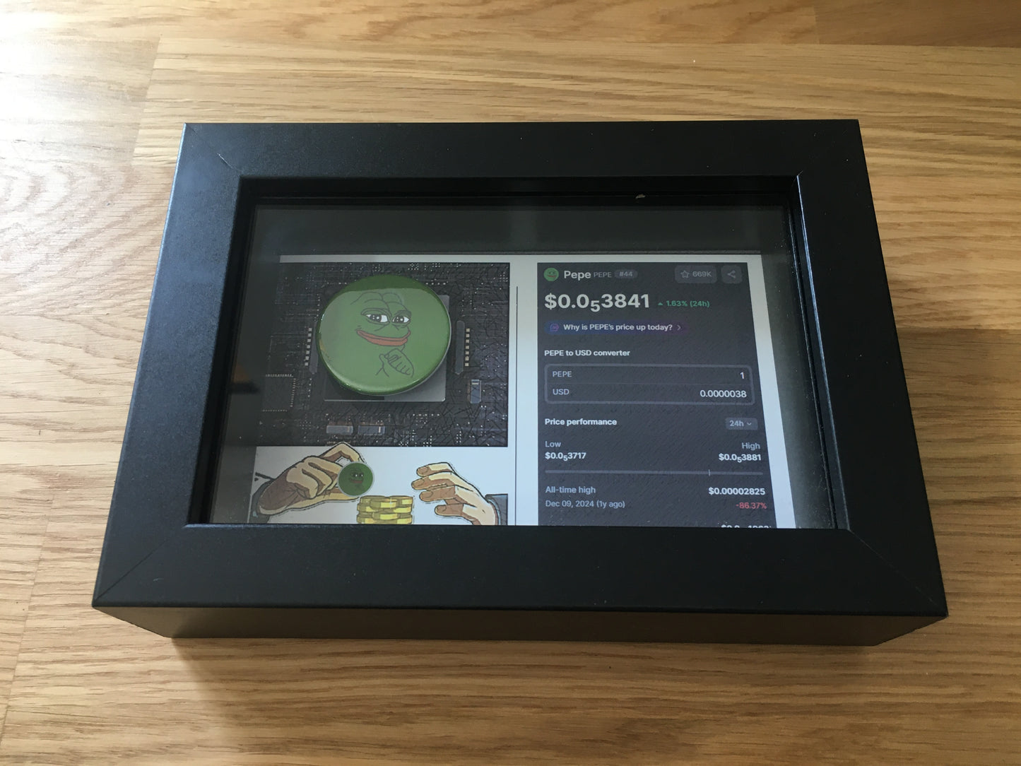 Quadro Pepe 3D com Moeda Física – Peça de Coleção Cripto